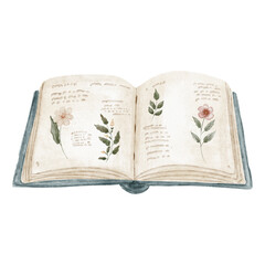 Fototapeta premium Open herbarium book with pressed flowers and leaves. Vintage watercolor hand-painted fairytale element for nursery decor, story illustrations and botanical projects.