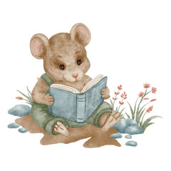 Cute mouse in green overalls sitting on stones and reading a blue book. Vintage watercolor hand-painted fairytale composition for nursery decor, story and reading projects.