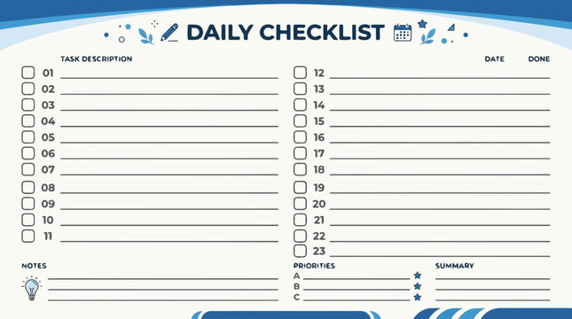 Daily Checklist Template with Task List and Notes Section