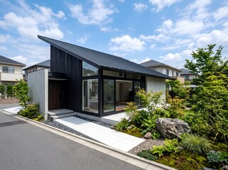 Fototapeta premium 青空の下に佇む現代的なデザイン住宅の外観
