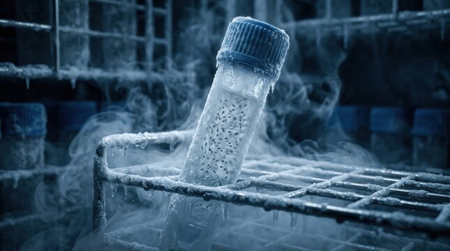 A laboratory sample vial holds frozen sperm cells in a storage tube. The vial rests on a metal rack in a cold environment.