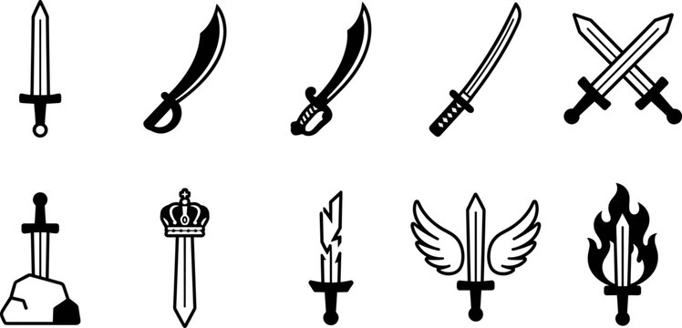 Set of sword icons, vector illustration of various medieval and fantasy blades