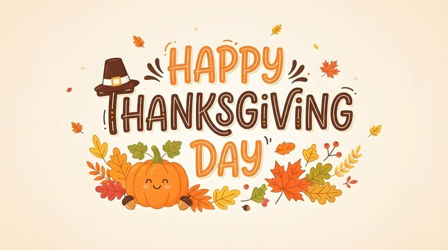 A festive illustration featuring the text happy thanksgiving day surrounded by colorful autumn leaves pumpkins and a pilgrim hat on a soft light background design