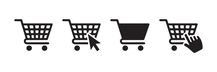 Set of shopping cart icons with different grid styles and click pointers on transparent background. © MSTALIMA