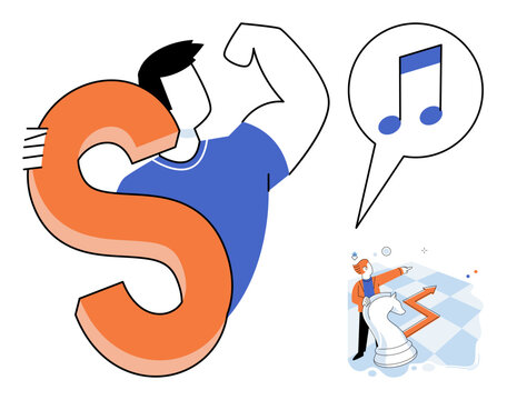 Strong man holding letter S and person playing chess vector illustration. Success, strategy, music, strength, business growth, planning. Powerful athlete with alphabet and strategist