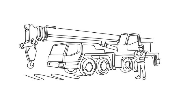 Self drawing animation of single line draw male operator standing with arms folded beside a massive mobile crane truck on big industrial construction site. Continuous line draw. Full length animated