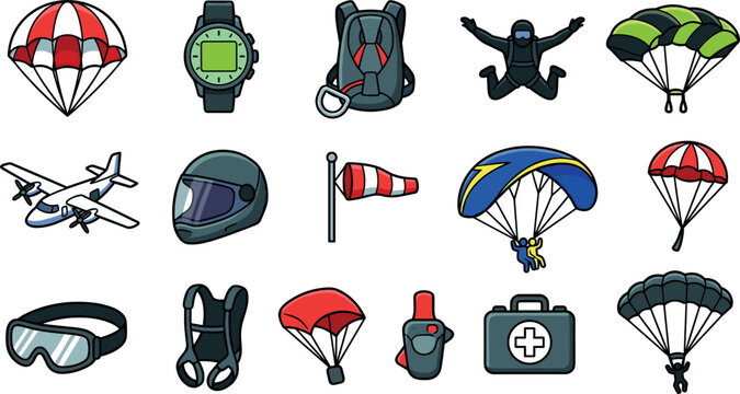 Skydiving and Parachuting Vector Icon Set Featuring Extreme Sports Equipment, Skydiver Character, Paraglider, Helmet, Altimeter Watch, Windsock, and Airplane Designs