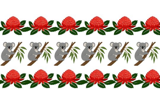 Clean flat vector multi-tier seamless border pattern with Waratah flowers and Koalas