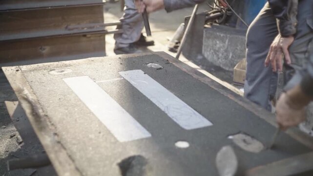 Worker carving sand mold in foundry manufacturing process