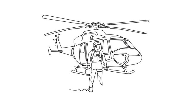 Animated self drawing of continuous line draw skilled professional young man pilot holding flight helmet while standing in front of a rescue or ambulance helicopter. Full length single line animation