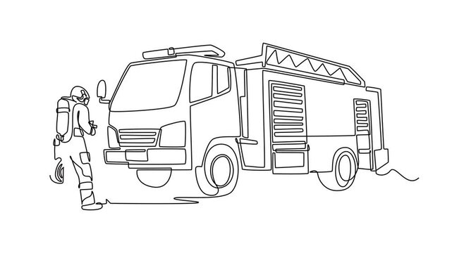Animated self drawing of continuous line draw brave human man firefighter wearing full safety gear standing beside large fire engine truck, emergency rescue service. Full length single line animation
