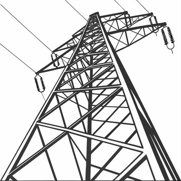 Steel electrical transmission pylon with voltage power lines and ceramic insulators on a white background