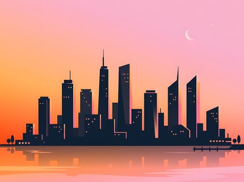 Modern city skyline silhouette against a beautiful pastel sunset sky
