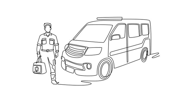 Animated self drawing of continuous line draw male paramedic carrying first aid medical kit standing in front of an emergency ambulance van, healthcare rescue services. Full length one line animation