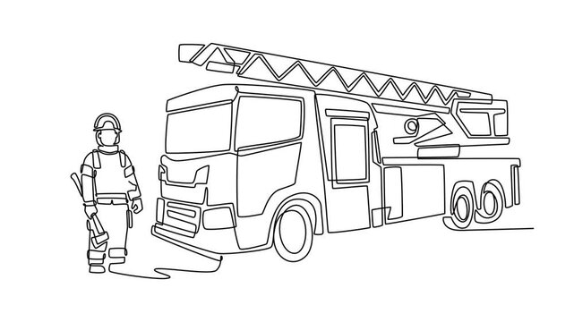 Animated self drawing of continuous line draw male firefighter holding axe while standing beside large fire engine truck with aerial ladder, emergency rescue service. Full length single line animation