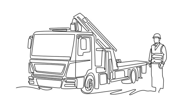 Animated self drawing of continuous line draw young professional male tow truck driver in a hardhat and reflective safety vest standing next to an empty flatbed vehicle. Full length one line animation
