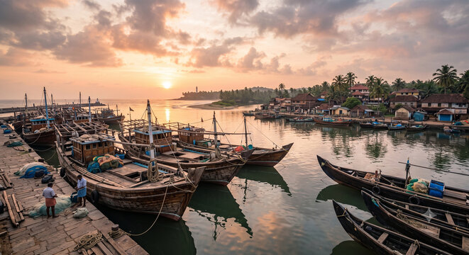 Scenic Beypore Harbour featuring traditional maritime heritage, fishing boats and Arabian Sea waterfront in Kozhikode Kerala India