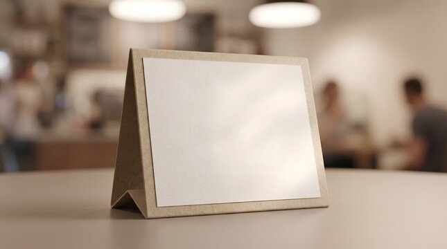 Blank table tent card on a cafe table, ideal for menu or promotion mockup.