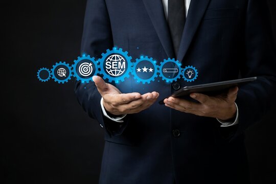 Businessman holding tablet with digital sem marketing strategy gears and search engine icons