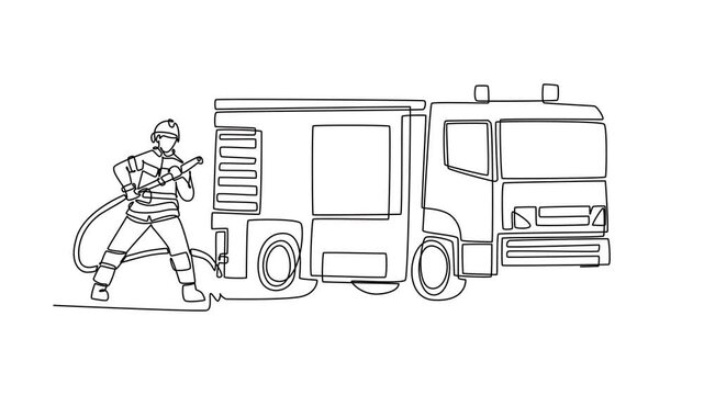 Animated self drawing of continuous line draw brave male firefighter holding water hose connected to large fire truck, actively putting out an emergency fire on duty. Full length single line animation