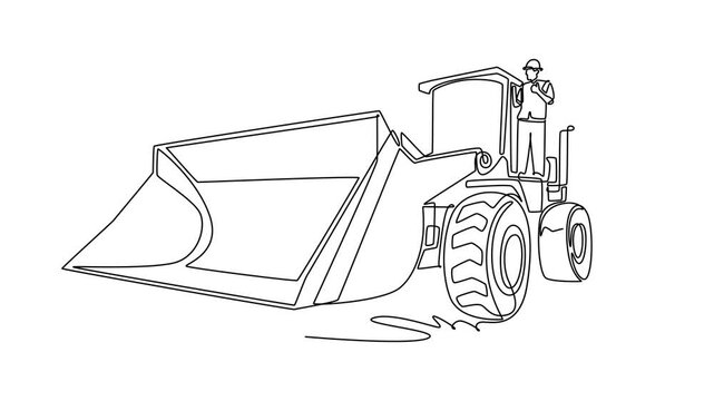 Animated self drawing of continuous line draw skilled male operator standing on a heavy wheel loader vehicle with a large front scoop bucket, giving thumbs-up gesture. Full length one line animation