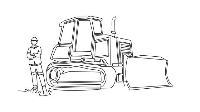 Animated self drawing of continuous line draw young male construction worker wearing safety helmet standing with arms crossed next to a heavy crawler bulldozer vehicle. Full length one line animation