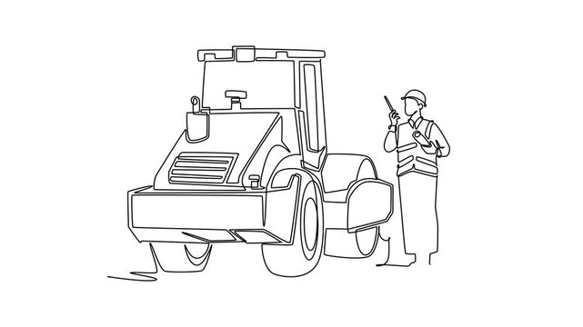 Self drawing animation of single line draw male site worker holding a walkie-talkie radio while standing next to a heavy road roller vehicle at construction site. Continuous line. Full length animated