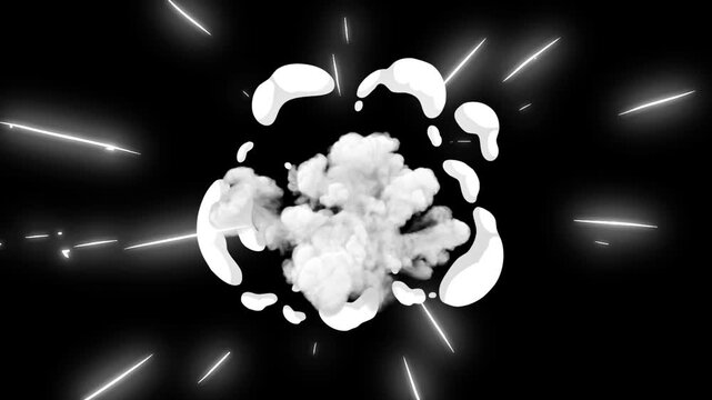 Smoke puff jet explosion blast dust fire shockwave in 4k animation, alpha matte chroma key loop flash comic cartoon realistic vfx elements for green screen motion graphics video projects
