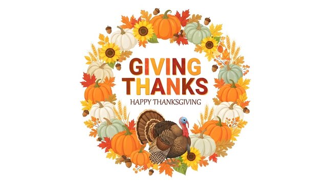 A beautiful watercolor autumn wreath featuring a turkey pumpkins sunflowers and fall leaves with the text giving thanks wishing everyone a very happy thanksgiving holiday