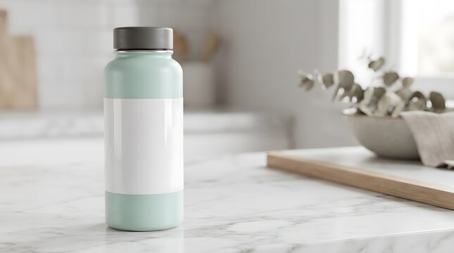 Glossy Blank Vinyl Sticker Mockup Wrapped Around Pastel Insulated Water Bottle on Marble Countertop