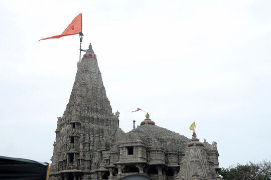 Ancient Dwarkadhish Temple architecture and sacred dhwaja, Gujarat, India