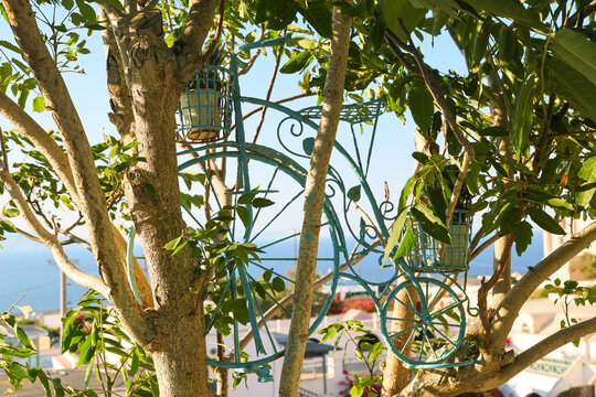 A decorative blue metal bicycle hangs among green leaves in Santorini, Greece, blending artistic charm with Mediterranean sunlight and coastal scenery.