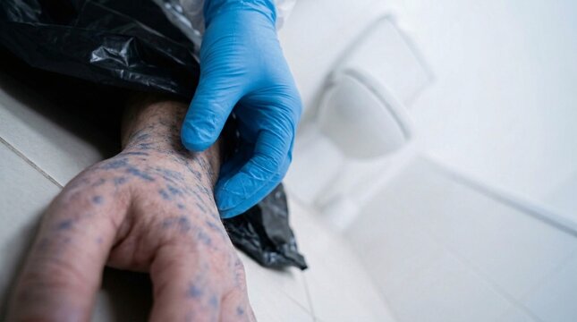 Low-angle close-up of a forensic investigator in blue nitrile gloves examining post-mortem lividity and skin discoloration on a victim's hand.