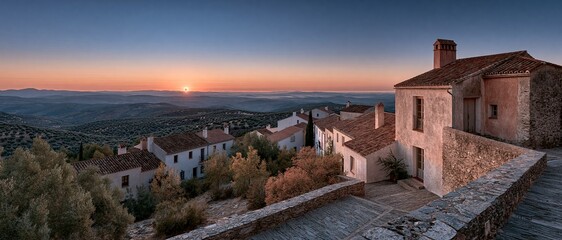 Obraz premium An epic wide-angle panoramic landscape photograph of a traditional Mediterranean hillside village featuring whitewashed houses with terracotta tiled roofs and stone walls,
