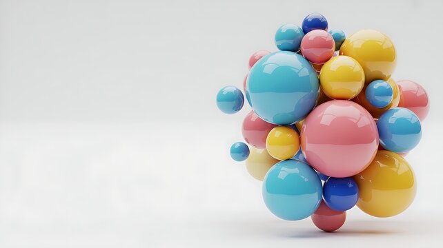 Abstract 3d render of colorful glossy spheres floating in a cluster against a white background