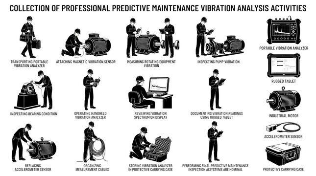 Predictive Maintenance Engineers Performing Vibration Analysis Black Silhouette Vector Set