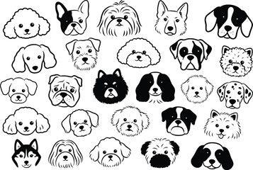 Fototapeta premium Dog breed faces collection, 25 puppy head icons, black and white pet vector set