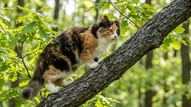 Calico cat climbing and exploring a thick textured tree branch in the forest with climbing, woodland