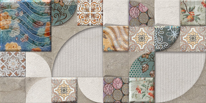 Vintage Geometric Decorative Ceramic Tile Pattern Background | Floral Patchwork Mosaic Wall and Floor Tile Design