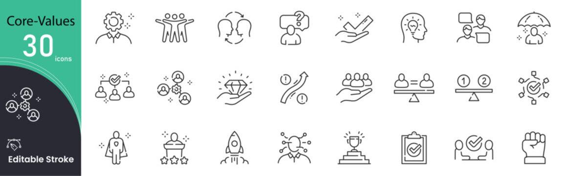 Core values icons set representing integrity, teamwork, leadership, trust, accountability, ethics, organizational culture and professional excellence. Editable Stroke.