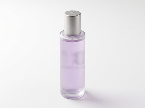 Elegant Frosted Glass Perfume Bottle with Lavender Liquid on White Surface