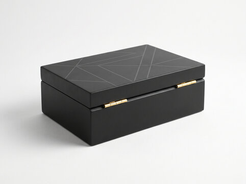 Elegant Matte Black Storage Box with Gold Hinges on White Surface