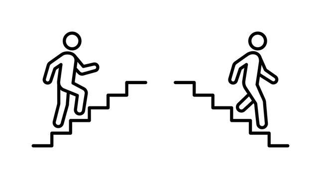 Stick figures climbing and descending stairs. Concept of career growth and business decline.