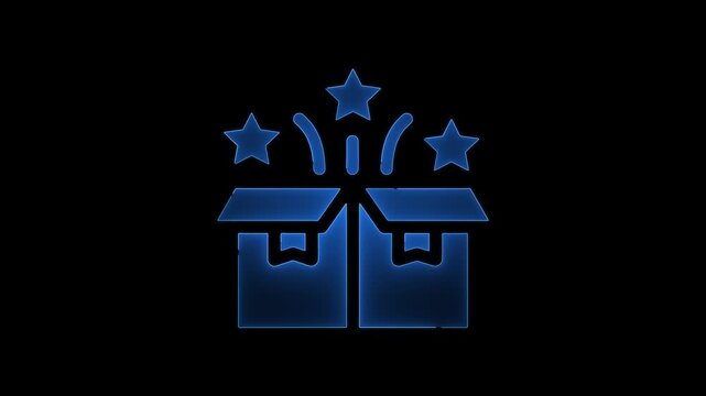 Open gift box icon with stars. Surprise present symbol for celebration and marketing.