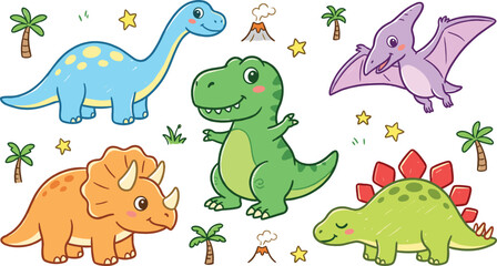 Cute Cartoon Dinosaurs Vector Collection Featuring Tyrannosaurus Rex, Triceratops, Stegosaurus, Brachiosaurus, and Pterodactyl Illustrations for Kids Graphic Design Projects © Rownok