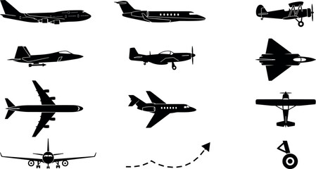 Airplane Black Silhouette Icon Set with Commercial Airliners Military Jets Propeller Planes Flight Path and Landing Gear for Aviation Tourism and Transport Graphic Designs © mark jukerbug