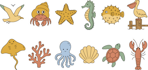 Cute Kawaii Sea Animal Collection Featuring Seahorse Octopus Turtle Starfish Stingray Puffer Fish Pelican Crab and Marine Cartoon Vector Set © MstSuborna