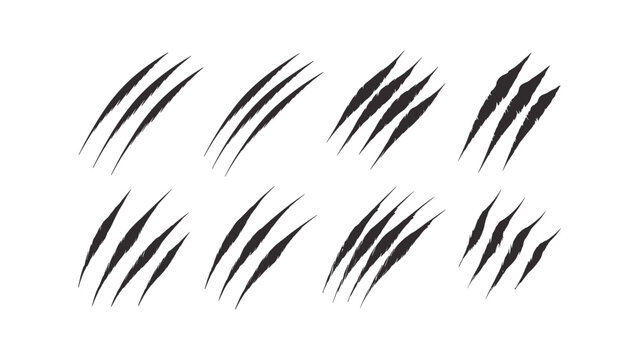 Set of eight black claw scratch marks, grunge animal clawing patterns with jagged edges on a white background, isolated for horror and wildlife themes