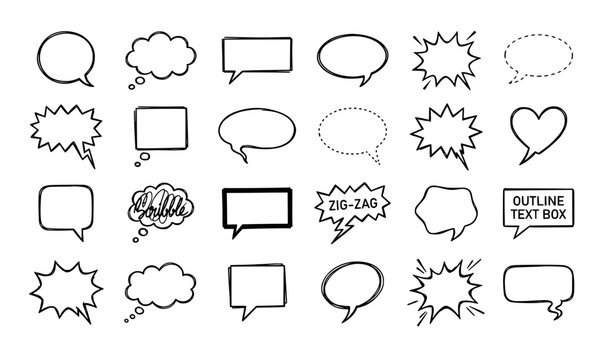 Hand drawn speech balloon and thought bubble vector set with comic sketch dialogue elements