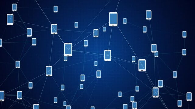 A digital plexus network of connected smartphones on a blue grid background. Suitable for mobile communications, global connectivity and social media concepts. Full HD and looping technology animation
